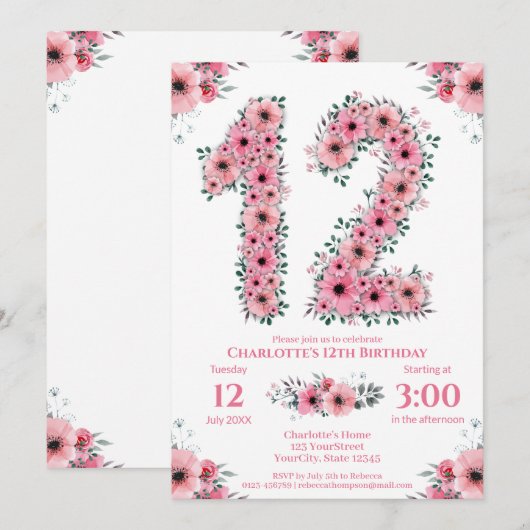 Grote 12e verjaardag Groene olievlek Meisroze bloe Kaart (Voorkant / Achterkant)