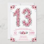 Grote 13e verjaardag groene olievlek roze bloemen kaart (Voorkant)