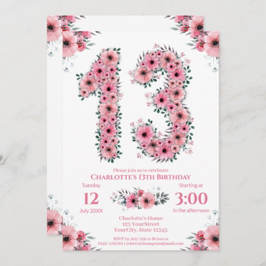 Grote 13e verjaardag groene olievlek roze bloemen kaart (Voorkant / Achterkant)