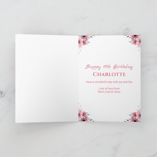 Grote 17e verjaardag Fotocollage Meisje Roze Bloem Kaart (Binnen)