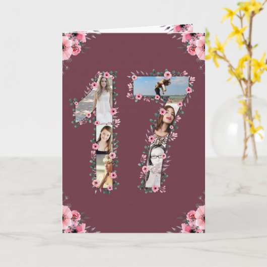 Grote 17e verjaardag Fotocollage Meisje Roze Bloem Kaart (Gele Bloem)