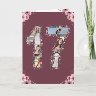 Grote 17e verjaardag Fotocollage Meisje Roze Bloem Kaart