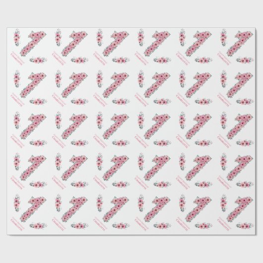 Grote 1-jarige groene olievlek Girl Pink Flowers Cadeaupapier (Vlak)