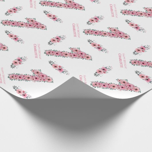 Grote 1-jarige groene olievlek Girl Pink Flowers Cadeaupapier (Hoek)