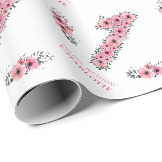 Grote 1-jarige groene olievlek Girl Pink Flowers Cadeaupapier (Rol Hoek)