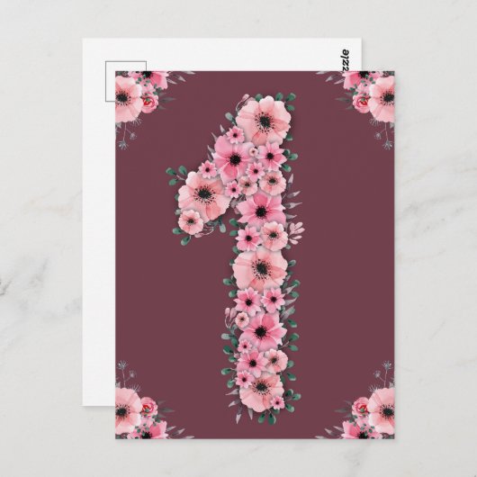 Grote 1-jarige roze bloemen meisje groene olie briefkaart (Voorkant / Achterkant)