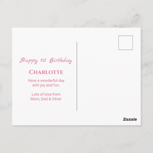 Grote 1-jarige roze bloemen meisje groene olie briefkaart (Achterkant)