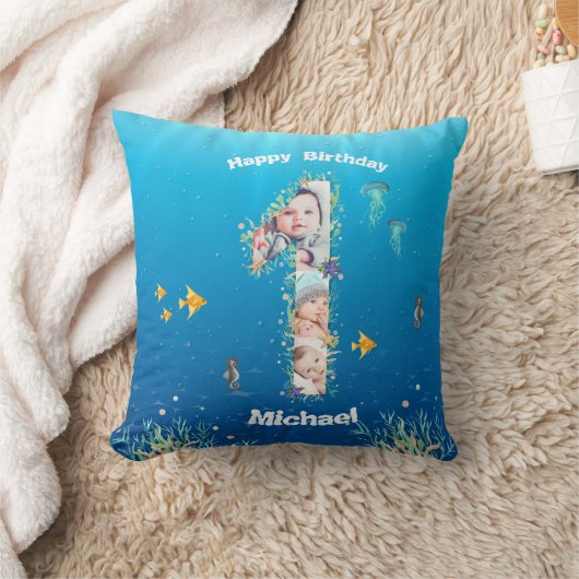 Grote 1-ste verjaardag onder het Zee Foto Collage Kussen (Deken)