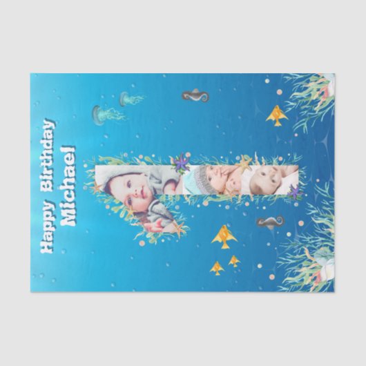 Grote 1-ste verjaardag onder het Zee Foto Collage Tissuepapier (Voorkant)