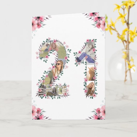 Grote 21ste verjaardag Foto Collage Pink Flower Wh Kaart (Gele Bloem)