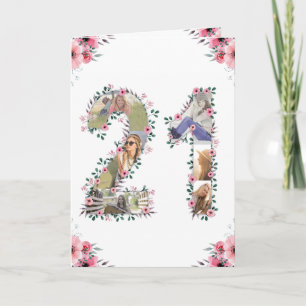 Grote 21ste verjaardag Foto Collage Pink Flower Wh Kaart
