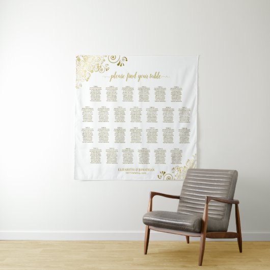 Grote 26 Tafel Goud & Wit Trouwstoelindeling Wandkleed (In situ)