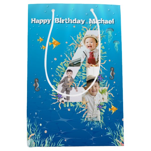 Grote 4-de-verjaardag fotocollage onder het Zee Medium Cadeauzakje (Voorkant)