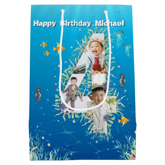 Grote 4-de-verjaardag fotocollage onder het Zee Medium Cadeauzakje (Achterkant)