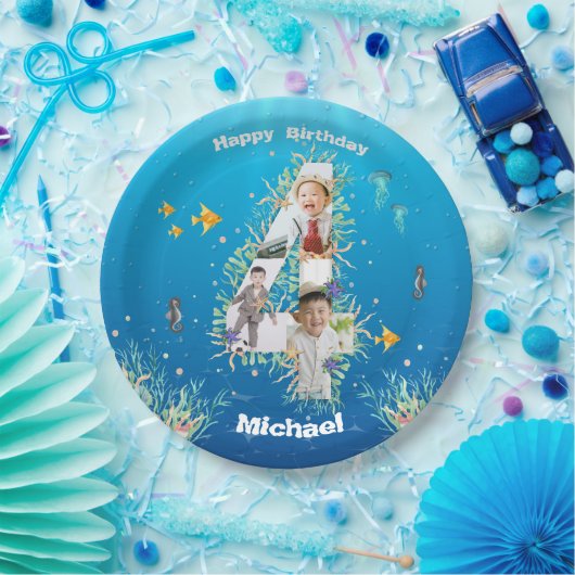 Grote 4-de-verjaardag fotocollage onder het Zee Papieren Bordje (Feest)