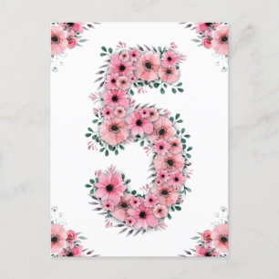 Grote 5e verjaardag Roze bloemen Meisje Groen blad Briefkaart