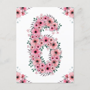 Grote 6de verjaardag Roze Bloemen Meisje Groen Loo Briefkaart