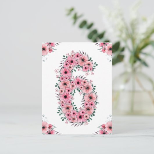 Grote 6e verjaardag Roze Bloemen Meisje Groen Loof Briefkaart (Staand voorkant)