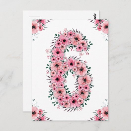 Grote 6e verjaardag Roze Bloemen Meisje Groen Loof Briefkaart (Voorkant / Achterkant)