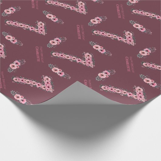 Grote 7e-meisje Roze bloemen Groene olievlek Cadeaupapier (Hoek)