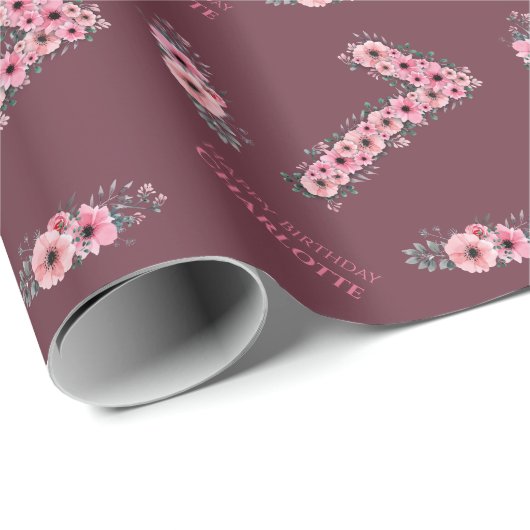 Grote 7e-meisje Roze bloemen Groene olievlek Cadeaupapier (Rol Hoek)