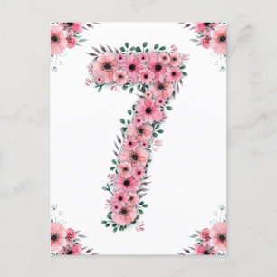 Grote 7e verjaardag Roze Bloemen Meisje Groen Loof Briefkaart