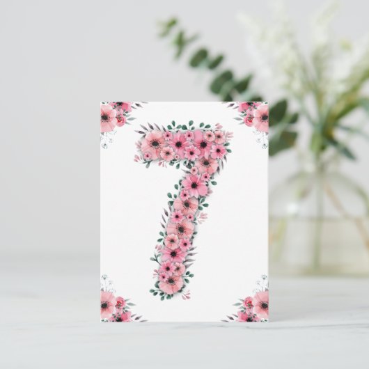 Grote 7e verjaardag Roze Bloemen Meisje Groen Loof Briefkaart (Staand voorkant)