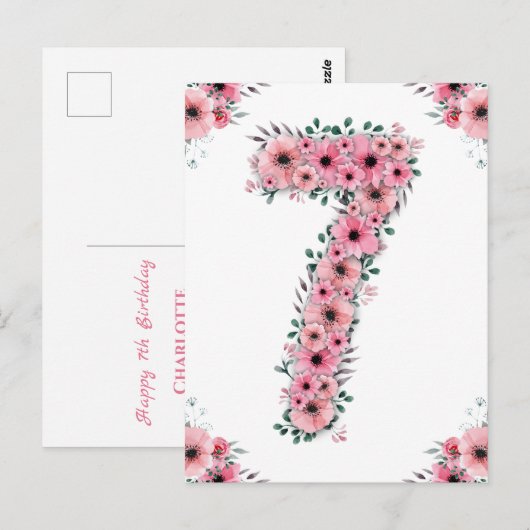 Grote 7e verjaardag Roze Bloemen Meisje Groen Loof Briefkaart (Voorkant / Achterkant)