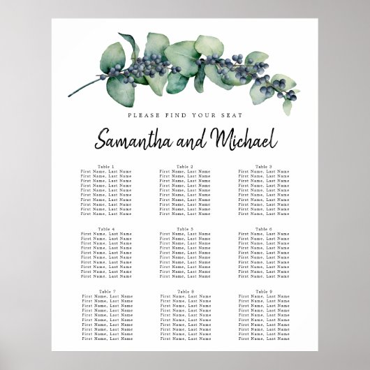 Grote 9-tabel Eucalyptus Berry-stoelenkaart Poster (Voorkant)