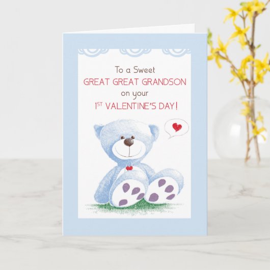 Grote achterkleinzoon 1e Valentijnsdag Blue Teddy Kaart (Gele Bloem)
