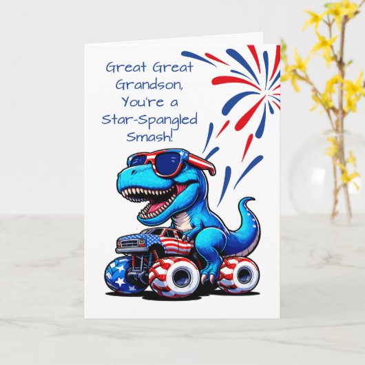 Grote achterkleinzoon 4th of July Dinosaur T-Rex Kaart (Gele Bloem)