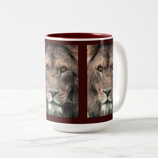 Grote Afrikaanse Leeuw hoofd oogcontact close up m Tweekleurige Koffiemok (Voorkant rechts)