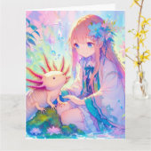 Grote anime meisje en Axolotl gepersonaliseerde ve Kaart (Gele Bloem)