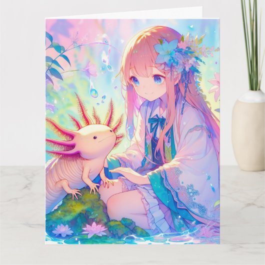Grote anime meisje en Axolotl gepersonaliseerde ve Kaart (Voorkant)
