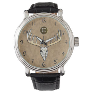 Grote Antler Whitetail Deer Skull Monogram Horloge