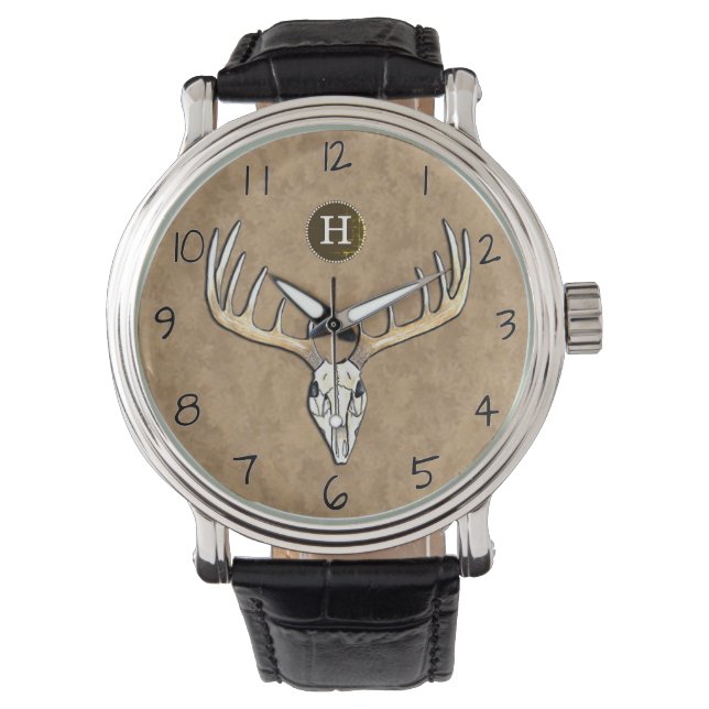 Grote Antler Whitetail Deer Skull Monogram Horloge (Voorkant)