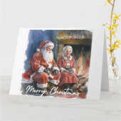 Grote aquarel Traditionele Kerstman & Mevrouw Clau Kaart (Gele Bloem)