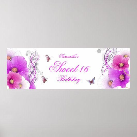grote banner verjaardag mooie roze bloem wit poster (Voorkant)