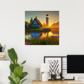Grote Barn Farmhouse Pond bij zonsopgang Poster (Thuiskantoor)