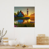 Grote Barn Farmhouse Pond bij zonsopgang Poster (Keuken)