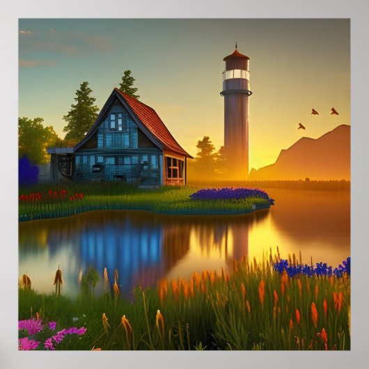 Grote Barn Farmhouse Pond bij zonsopgang Poster (Voorkant)