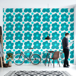 Grote Blauwe Bloemen Eenvoudig Patroon Behang