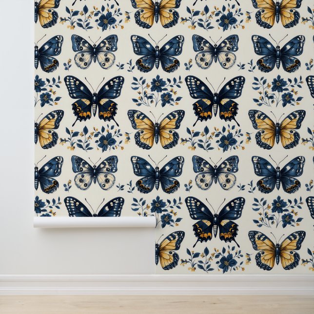 Grote Blauwe Bloemen Vlinder Shabby Chic Boho Behang (Applicatie)