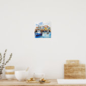 Grote blauwe boot in de haven aan zee poster (Keuken)