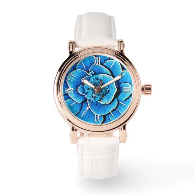 Grote blauwe Camellia bloesem Horloge (Voorkant)