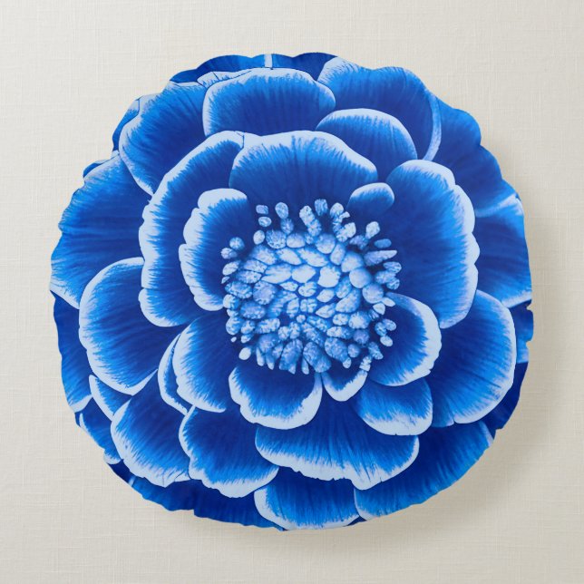 Grote Blauwe Dahlia bloem Rond Kussen (Voorkant)
