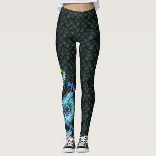 Grote blauwe draak op drakenschalen leggings (Voorkant)