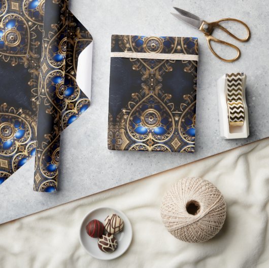 Grote blauwe en gouden Steampunk harten patroon Cadeaupapier (Crafts)