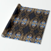 Grote blauwe en gouden Steampunk harten patroon Cadeaupapier (Uitgerold)