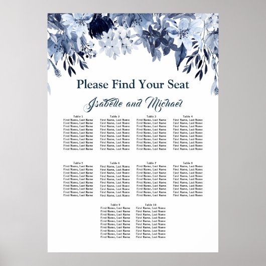 Grote Blauwe Floral 10-tafel zitgrafiek Poster (Voorkant)
